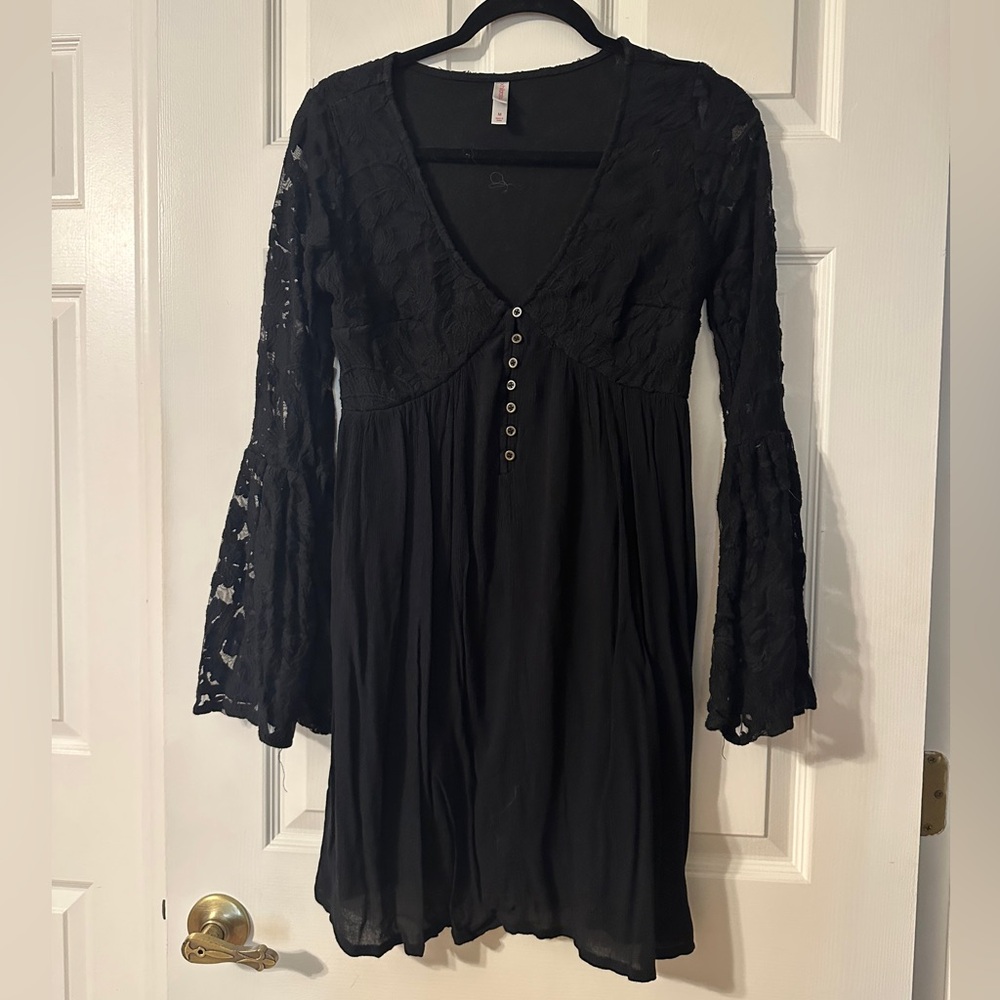 Xhilaration Black Dress with Bell Sleeve Lace Accents